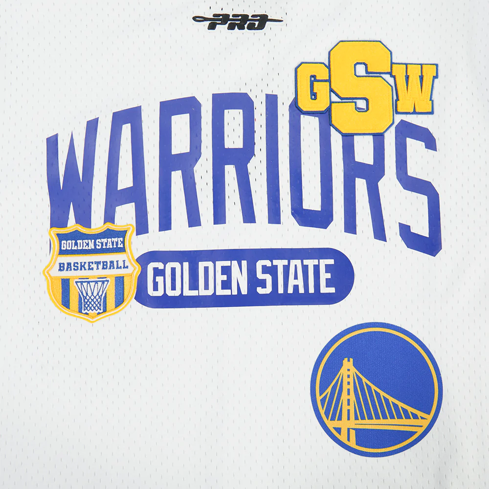 NBA GOLDEN STATE WARRIORS LETTERMAN MEN'S BUTTON DOWN MESH TOP (WHITE/ROYAL BLUE) - Image 5