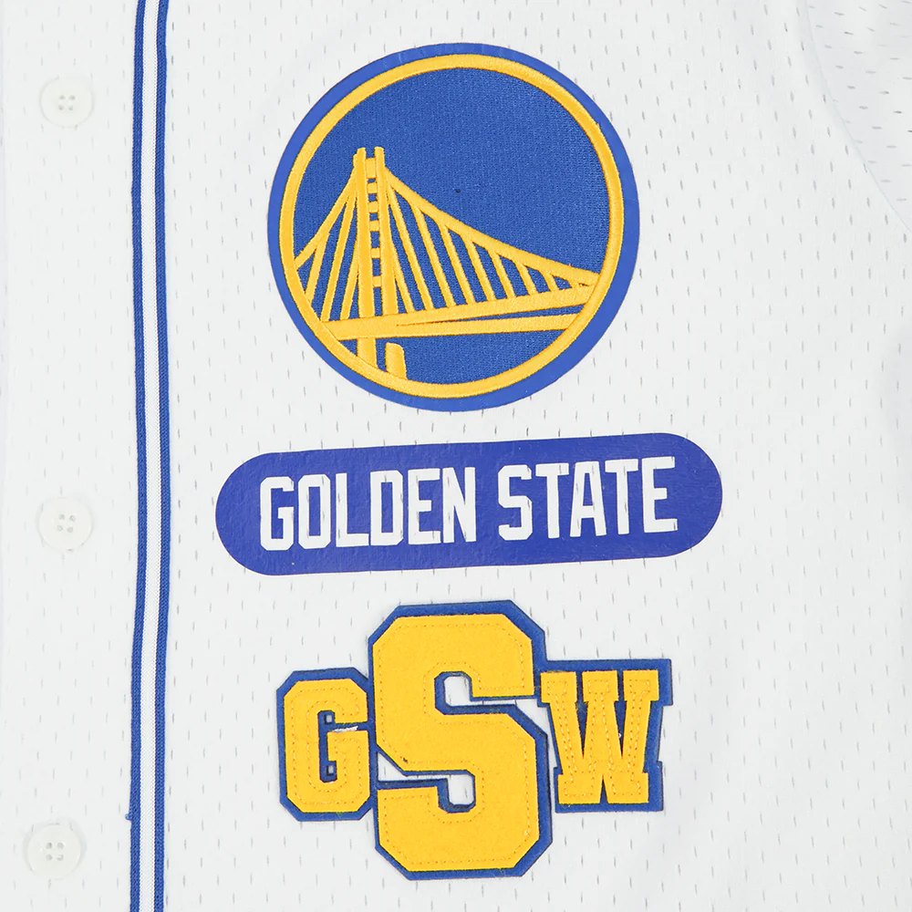 NBA GOLDEN STATE WARRIORS LETTERMAN MEN'S BUTTON DOWN MESH TOP (WHITE/ROYAL BLUE) - Image 6