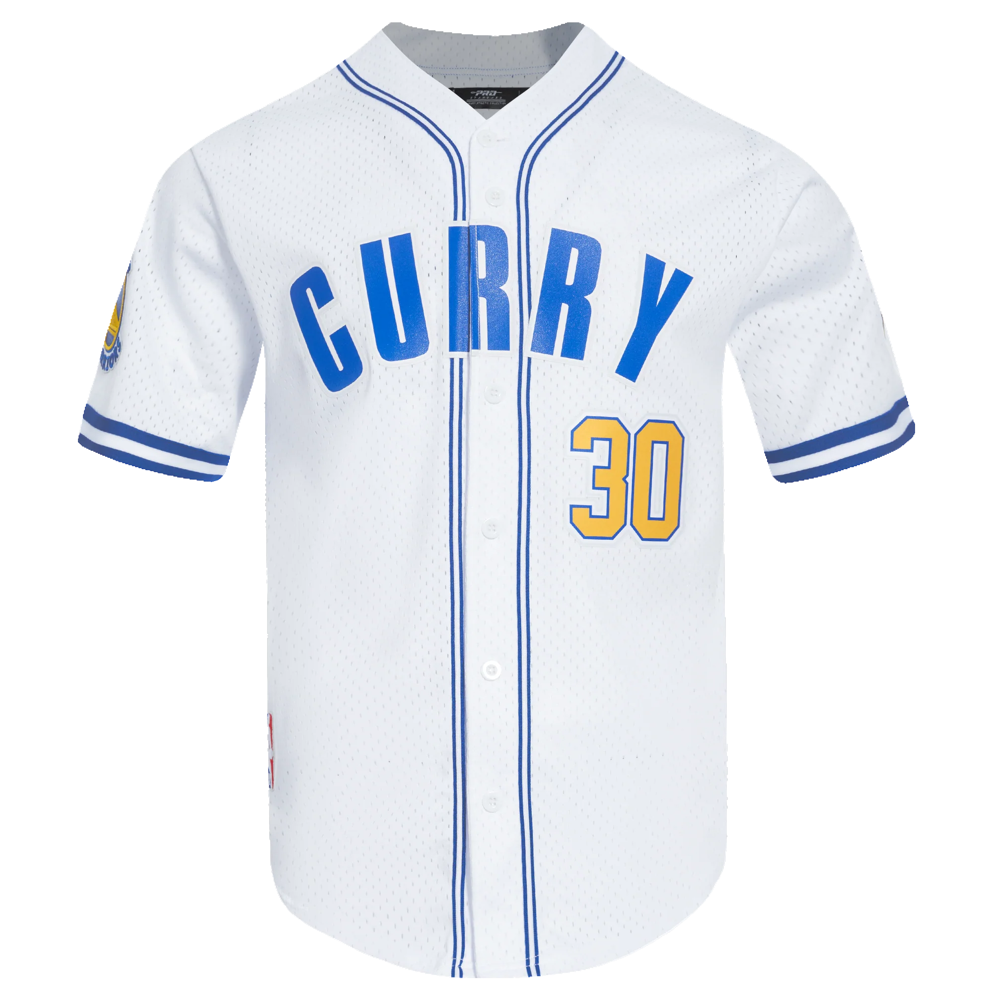 NBA GOLDEN STATE WARRIORS PLAYER NAME AND NUMBER MEN'S BUTTON DOWN MESH TOP (WHITE/ROYAL BLUE)