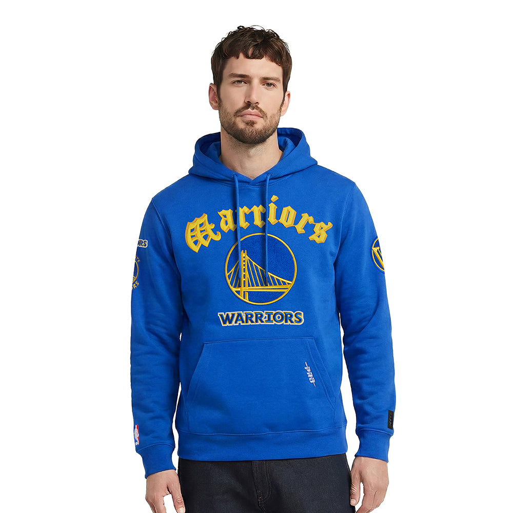 NBA GOLDEN STATE WARRIORS OLD ENGLISH MEN'S PULLOVER HOODIE (ROYAL BLUE)
