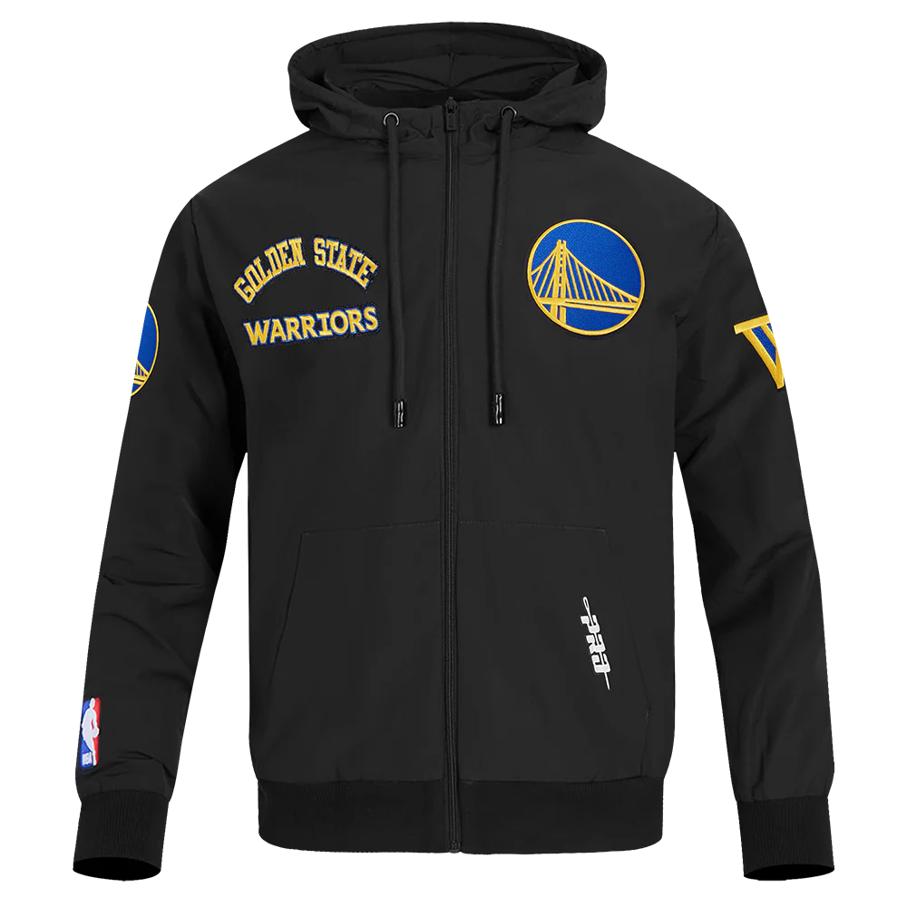 NBA GOLDEN STATE WARRIORS CLASSIC WIND SUIT MEN'S WOVEN FULL ZIP PULLOVER HOODIE (BLACK)