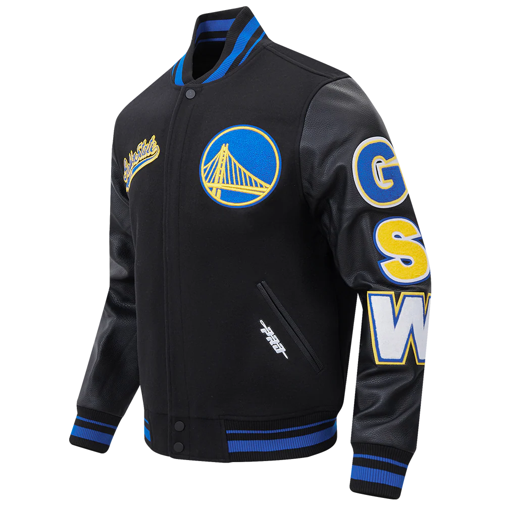 NBA GOLDEN STATE WARRIORS SCRIPT TAIL MEN'S RIB WOOL VARSITY (BLACK/ROYAL BLUE/BLACK) - Image 2
