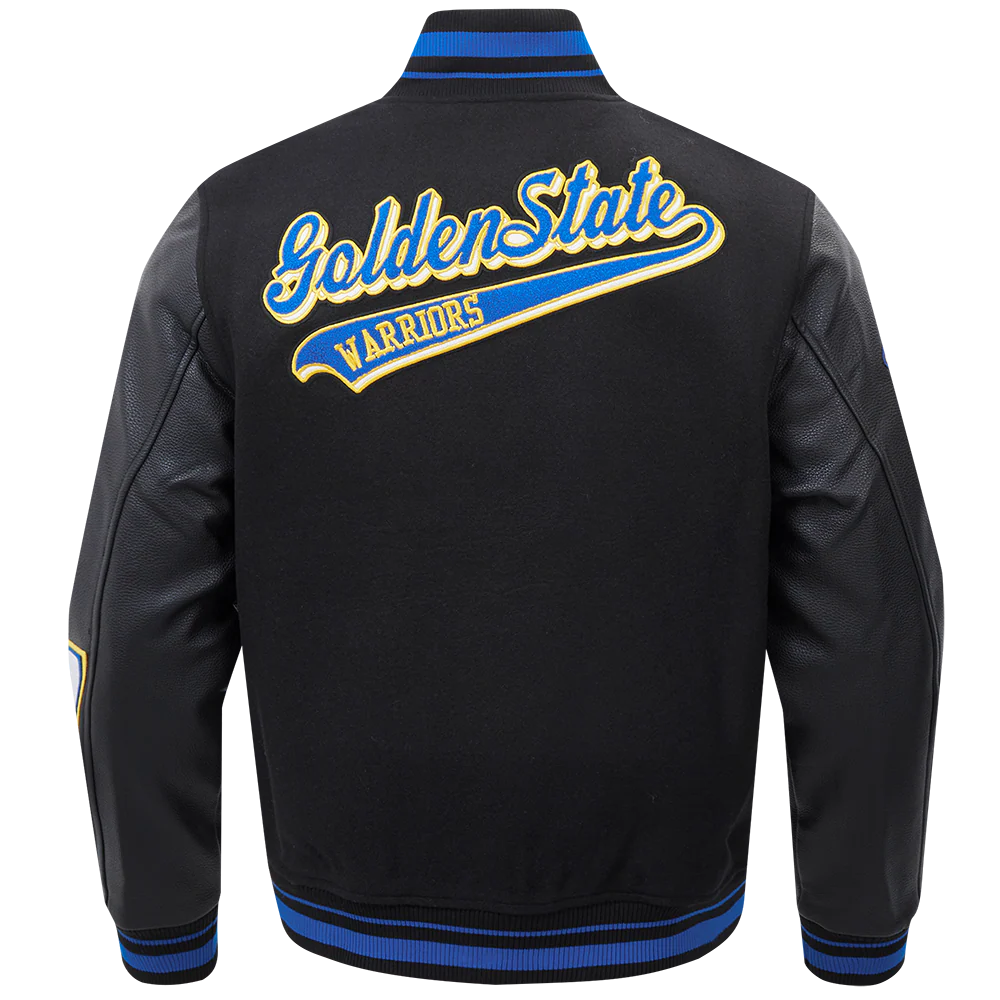 NBA GOLDEN STATE WARRIORS SCRIPT TAIL MEN'S RIB WOOL VARSITY (BLACK/ROYAL BLUE/BLACK) - Image 4