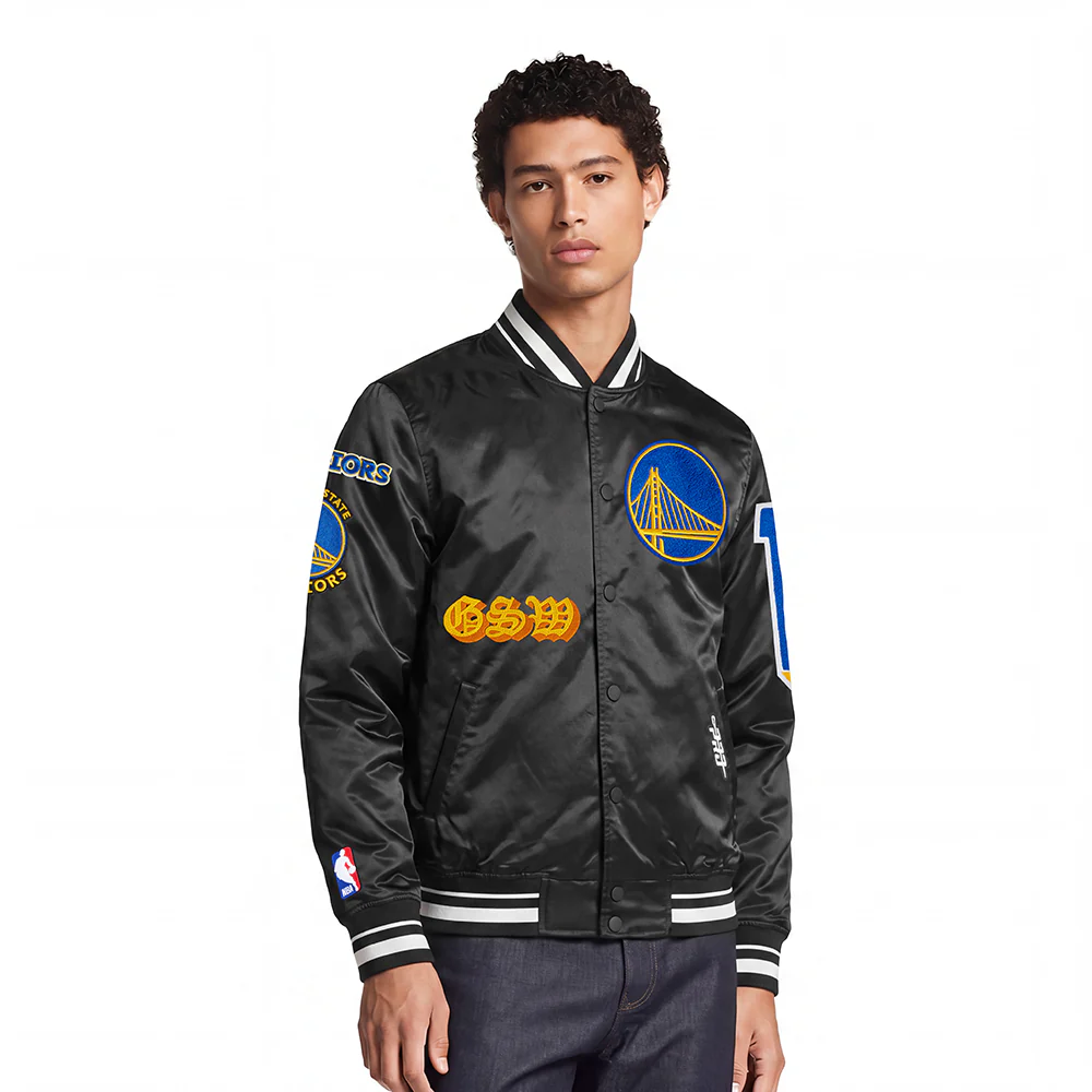 NBA GOLDEN STATE WARRIORS OLD ENGLISH MEN'S RIB SATIN JACKET (BLACK)