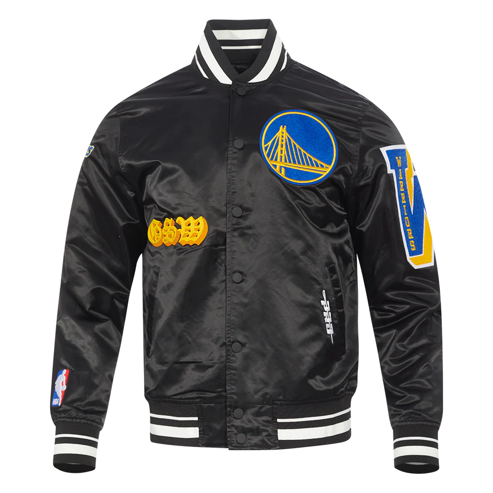 NBA GOLDEN STATE WARRIORS OLD ENGLISH MEN'S RIB SATIN JACKET (BLACK) - Image 3