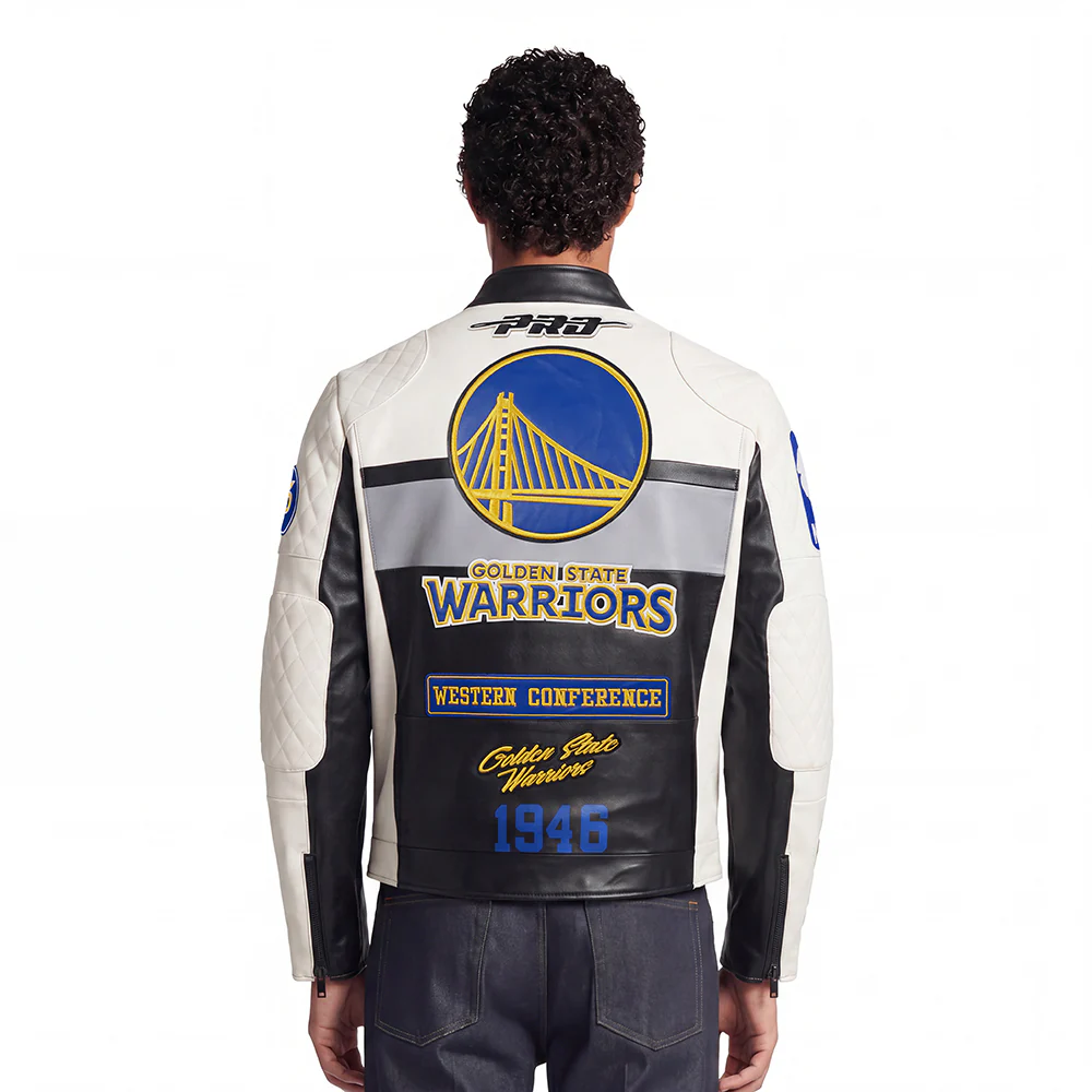 NBA GOLDEN STATE WARRIORS MEN'S MOTO JACKET (EGGSHELL/ BLACK) - Image 2