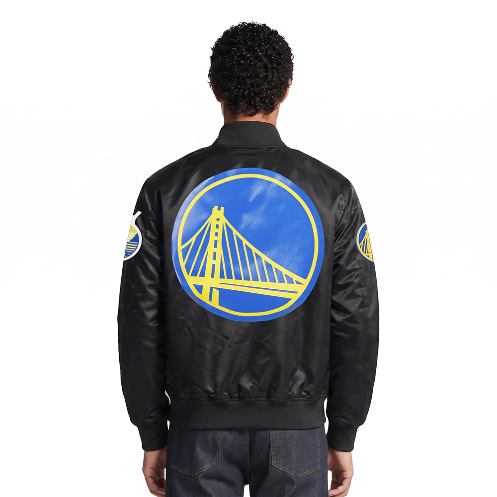 NBA GOLDEN STATE WARRIORS CLASSIC SATIN MEN'S SATIN JACKET (BLACK) - Image 2