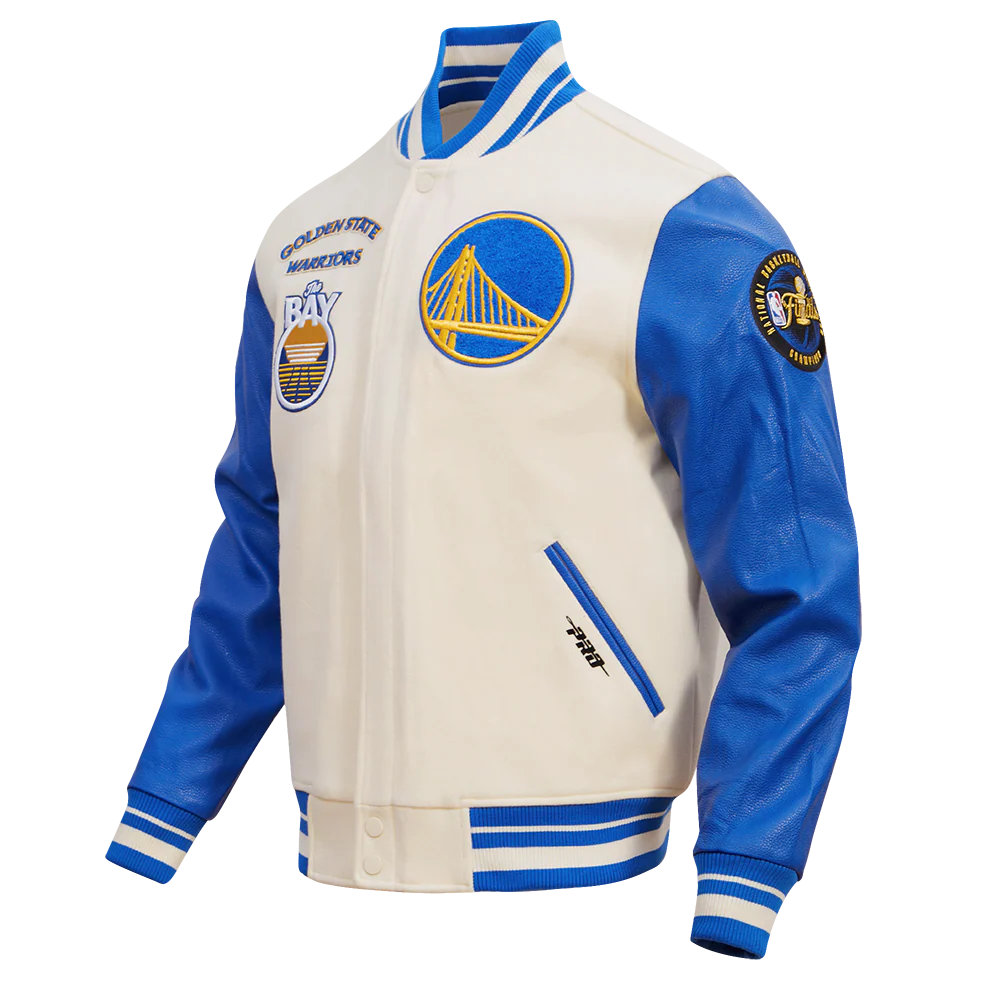 NBA GOLDEN STATE WARRIORS RETRO CLASSIC MEN'S RIB WOOL VARSITY JACKET (EGGSHELL/ROYAL BLUE) - Image 2