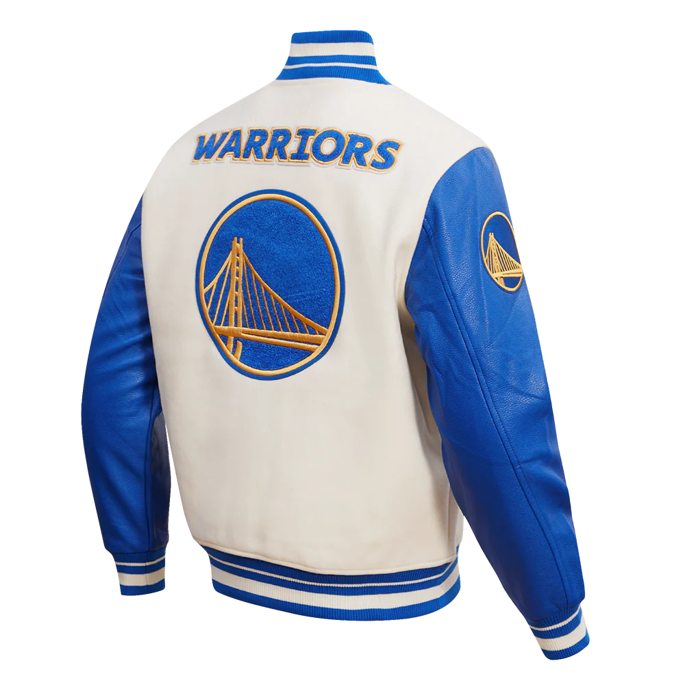 NBA GOLDEN STATE WARRIORS RETRO CLASSIC MEN'S RIB WOOL VARSITY JACKET (EGGSHELL/ROYAL BLUE) - Image 4