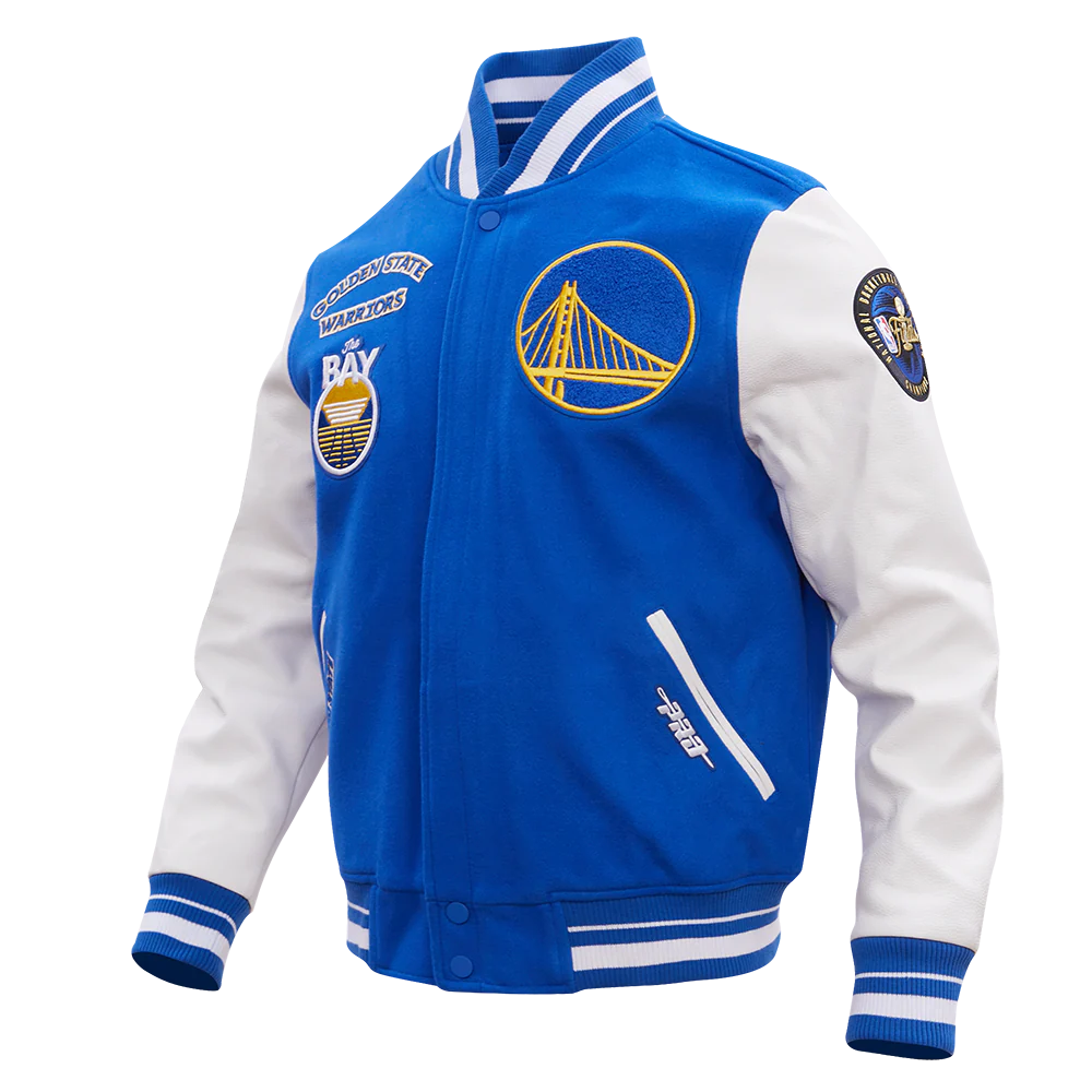 NBA GOLDEN STATE WARRIORS RETRO CLASSIC MEN'S RIB WOOL VARSITY JACKET (ROYAL/WHITE) - Image 2
