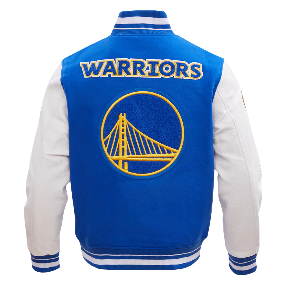 NBA GOLDEN STATE WARRIORS RETRO CLASSIC MEN'S RIB WOOL VARSITY JACKET (ROYAL/WHITE) - Image 3