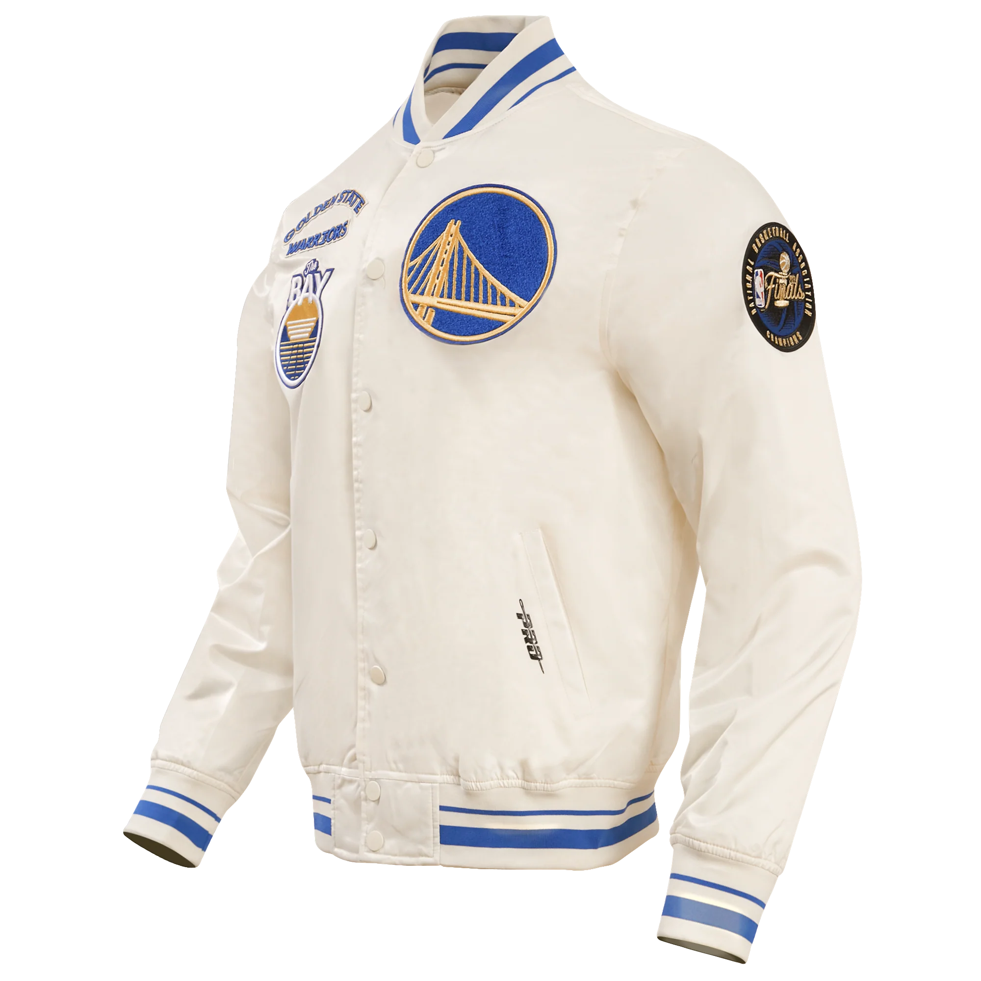 NBA GOLDEN STATE WARRIORS RETRO CLASSIC MEN'S RIB SATIN JACKET (EGGSHELL/ ROYAL BLUE) - Image 2