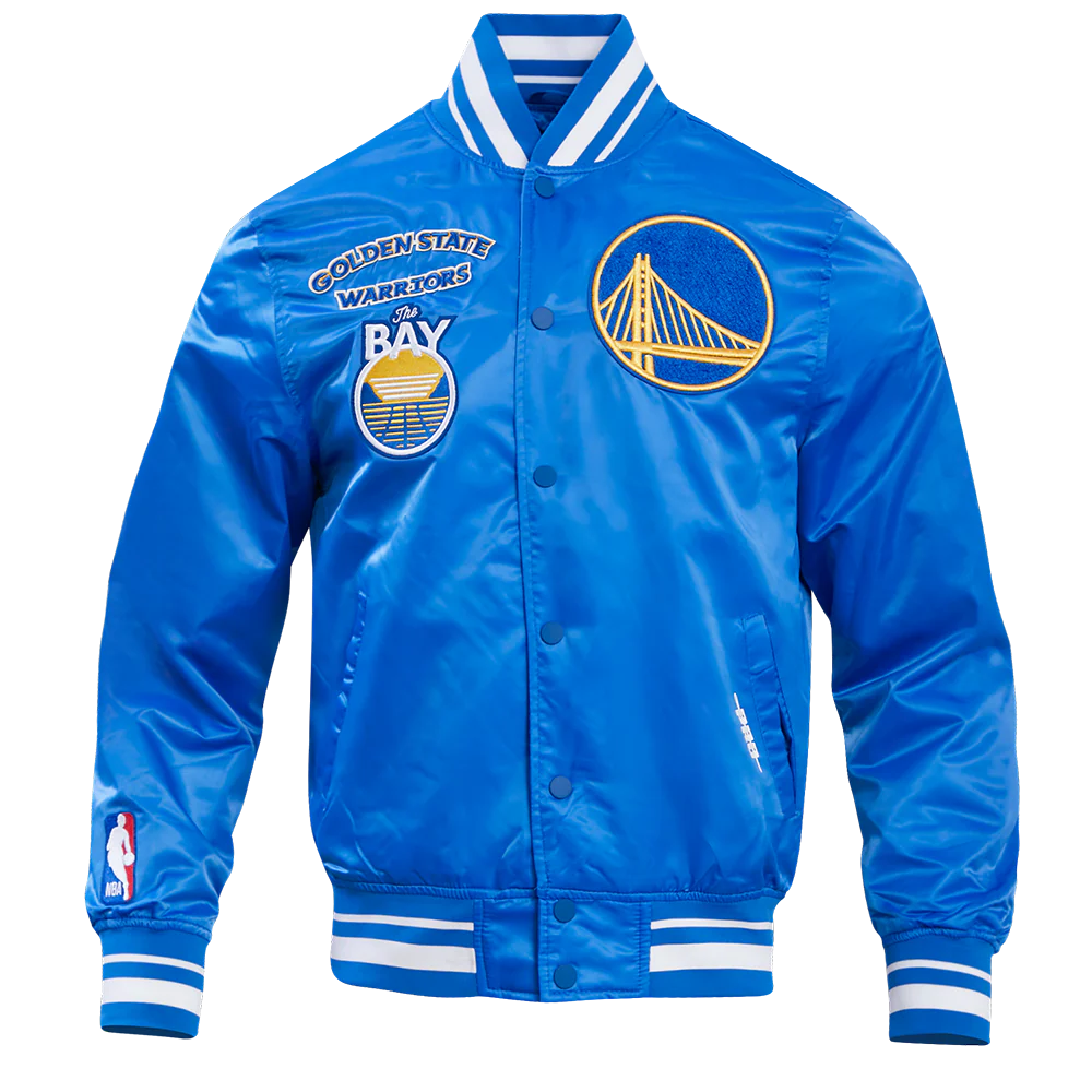NBA GOLDEN STATE WARRIORS RETRO CLASSIC MEN'S RIB SATIN JACKET (ROYAL BLUE)