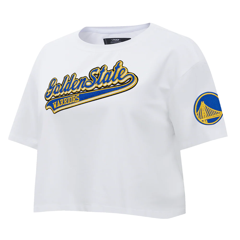NBA GOLDEN STATE WARRIORS SCRIPT TAIL WOMEN'S SINGLE JERSEY BOXY TEE (WHITE) - Image 2