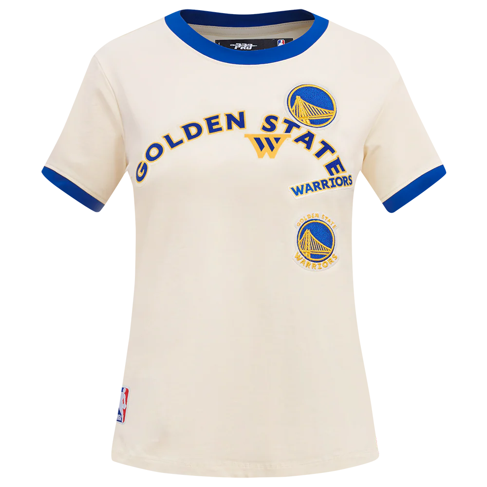 NBA GOLDEN STATE WARRIORS RETRO CASCADE WOMEN'S RINGER TEE (EGGSHELL/ROYAL BLUE)