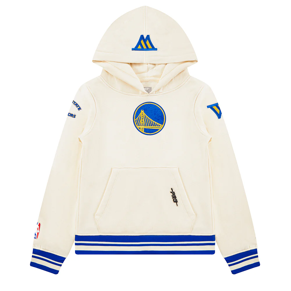 NBA GOLDEN STATE WARRIORS RETRO CLASSIC BIG BOYS RIB FLEECE PULLOVER HOODIE (EGGSHELL/ROYAL BLUE)