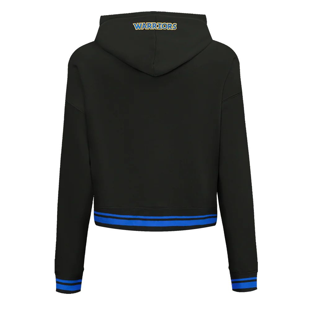 NBA GOLDEN STATE WARRIORS SCRIPT TAIL WOMEN'S RIB FLEECE CROPPED PULLOVER HOODIE (BLACK/ROYAL BLUE/BLACK) - Image 10