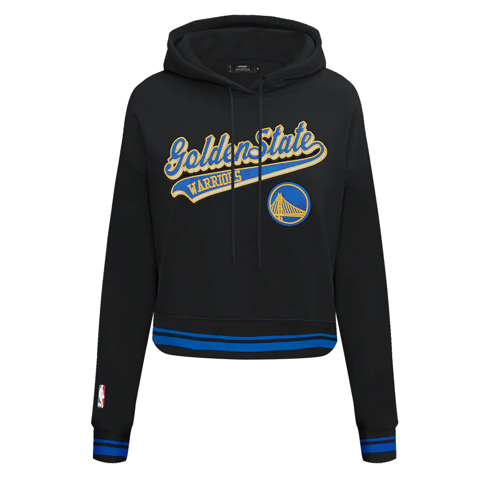 NBA GOLDEN STATE WARRIORS SCRIPT TAIL WOMEN'S RIB FLEECE CROPPED PULLOVER HOODIE (BLACK/ROYAL BLUE/BLACK) - Image 7