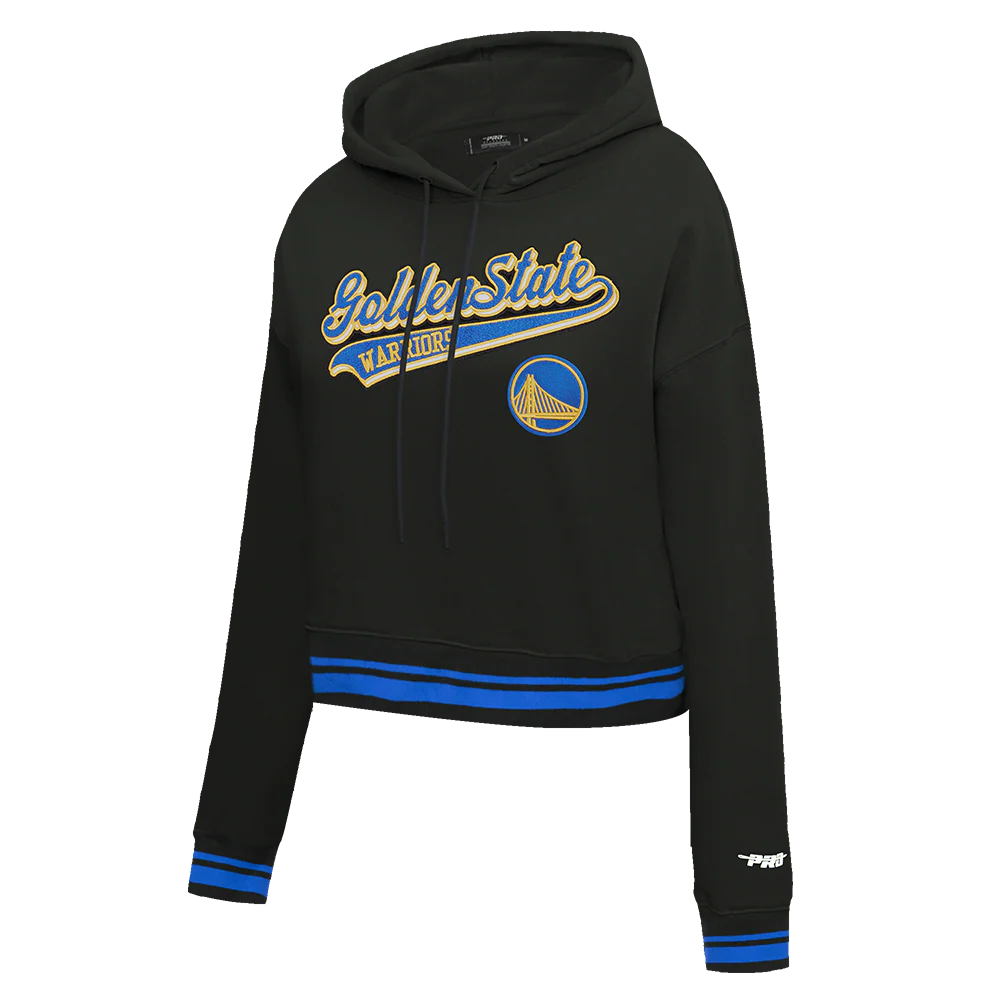 NBA GOLDEN STATE WARRIORS SCRIPT TAIL WOMEN'S RIB FLEECE CROPPED PULLOVER HOODIE (BLACK/ROYAL BLUE/BLACK) - Image 8