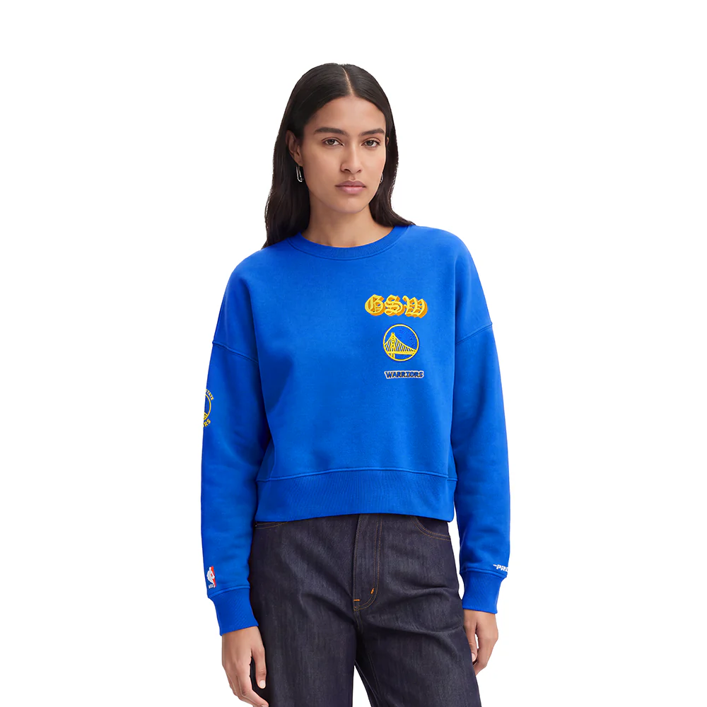 NBA GOLDEN STATE WARRIORS OLD ENGLISH WOMEN'S FLC CREWNECK (ROYAL BLUE)