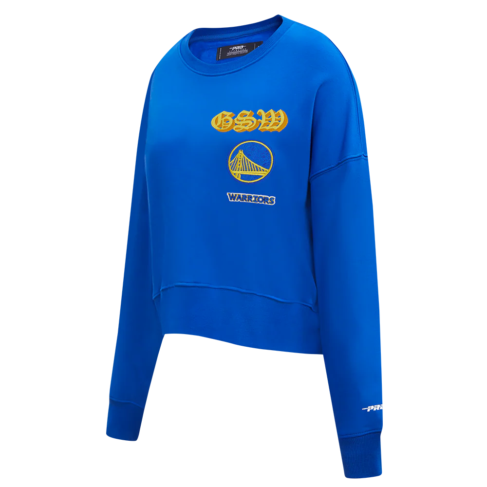 NBA GOLDEN STATE WARRIORS OLD ENGLISH WOMEN'S FLC CREWNECK (ROYAL BLUE) - Image 4