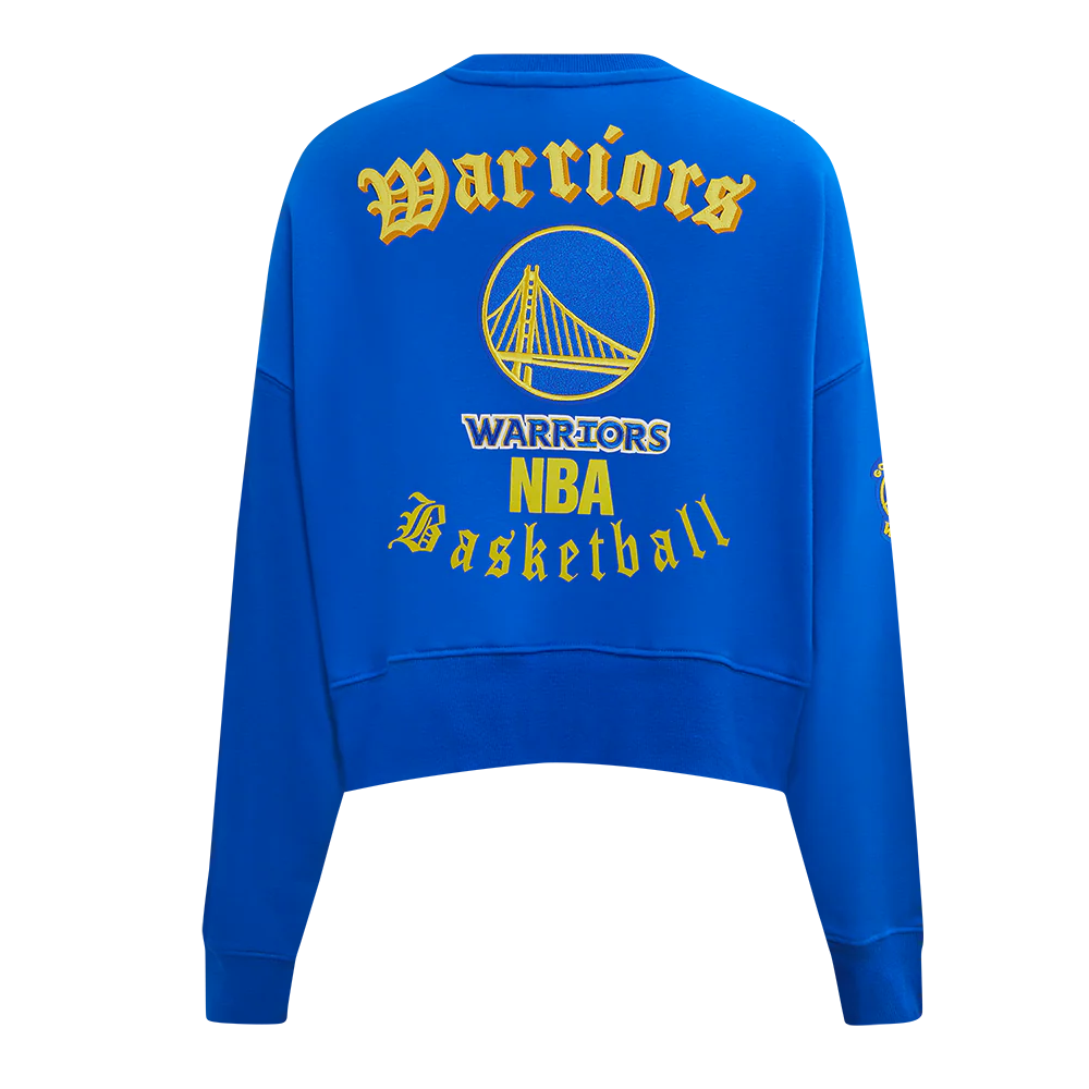 NBA GOLDEN STATE WARRIORS OLD ENGLISH WOMEN'S FLC CREWNECK (ROYAL BLUE) - Image 5