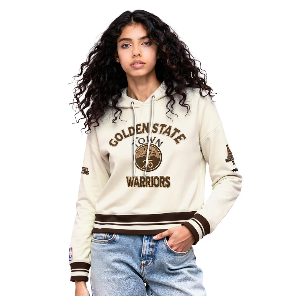 NBA GOLDEN STATE WARRIORS CITY EDITION 25-26 WOMEN'S RIB FLC CROPPED PO HOODIE (EGGSHELL/ BROWN)