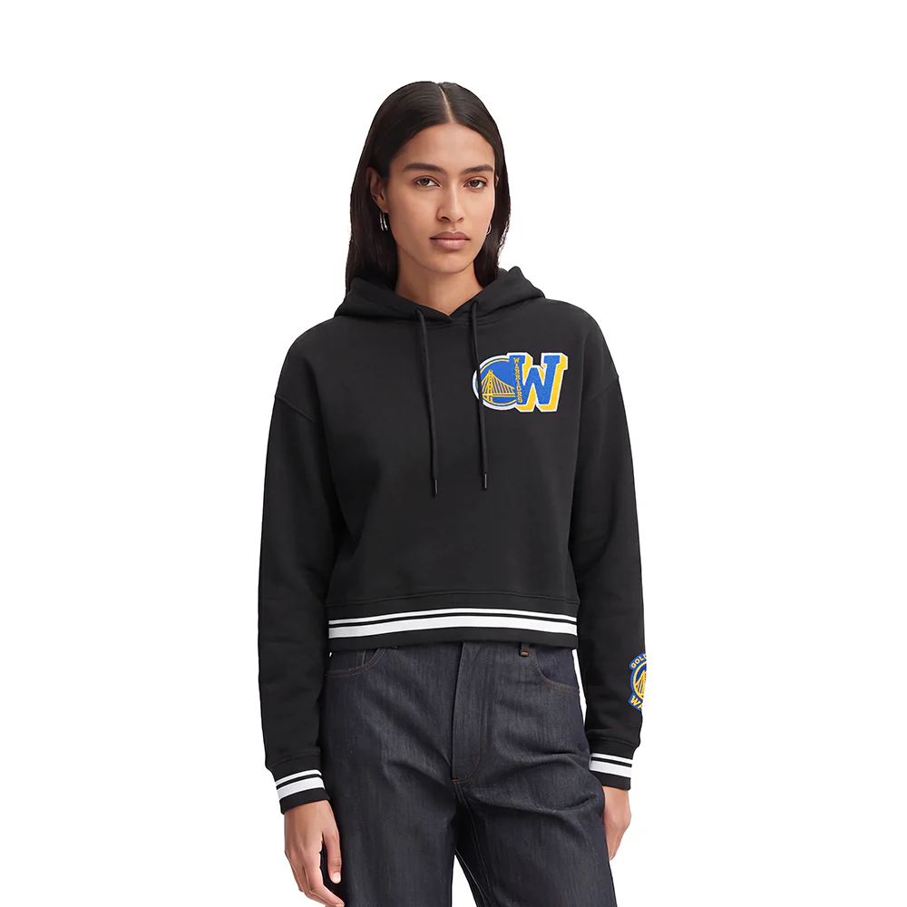 NBA GOLDEN STATE WARRIORS MASHUP WOMEN'S RIB CROPPED PULLOVER HOODIE (BLACK)