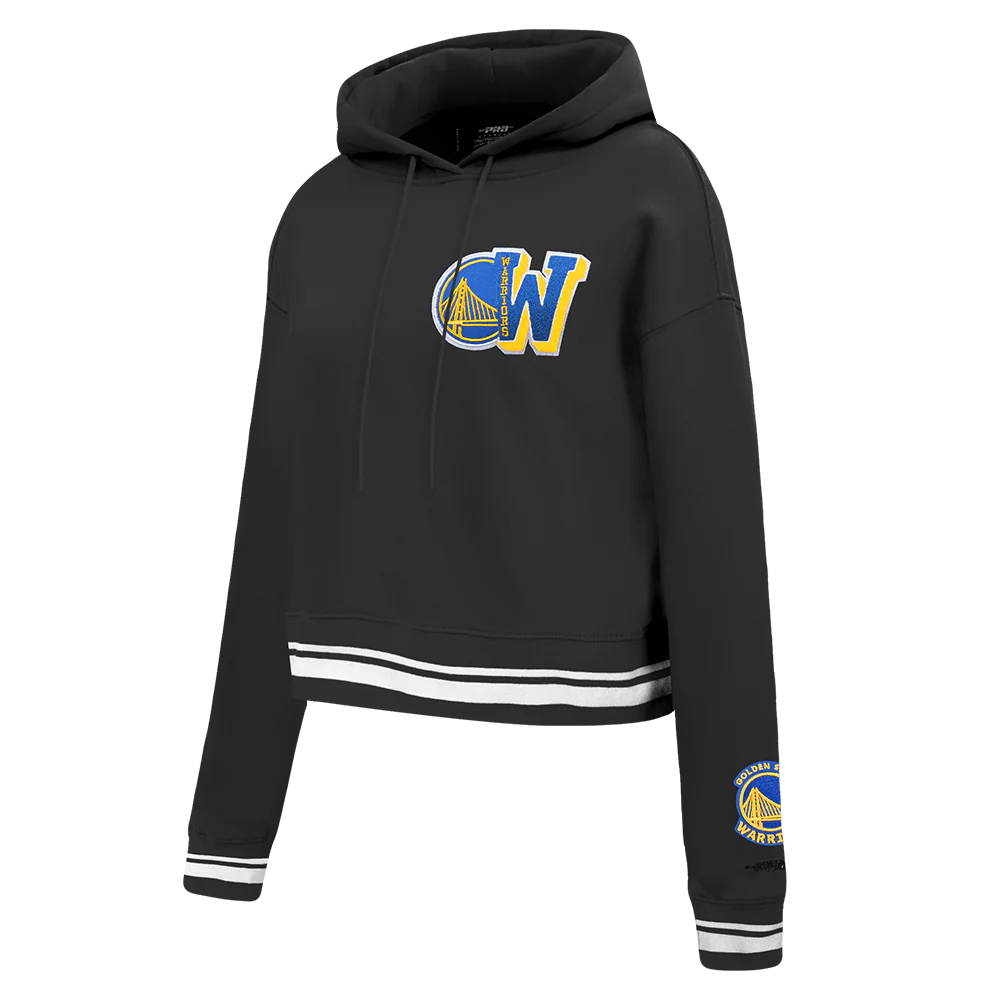 NBA GOLDEN STATE WARRIORS MASHUP WOMEN'S RIB CROPPED PULLOVER HOODIE (BLACK) - Image 4