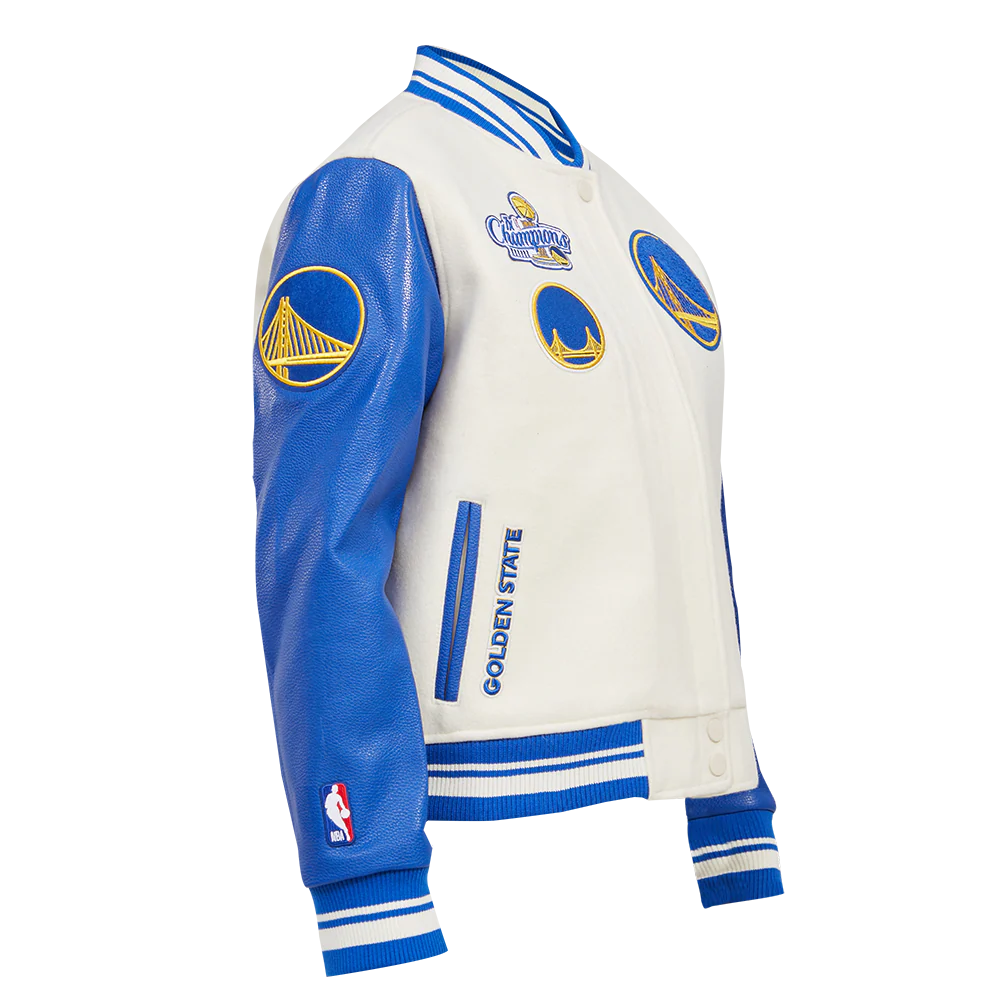 NBA GOLDEN STATE WARRIORS RETRO CLASSIC WOMEN'S RIB WOOL VARSITY JACKET (EGGSHELL/ ROYAL BLUE) - Image 3