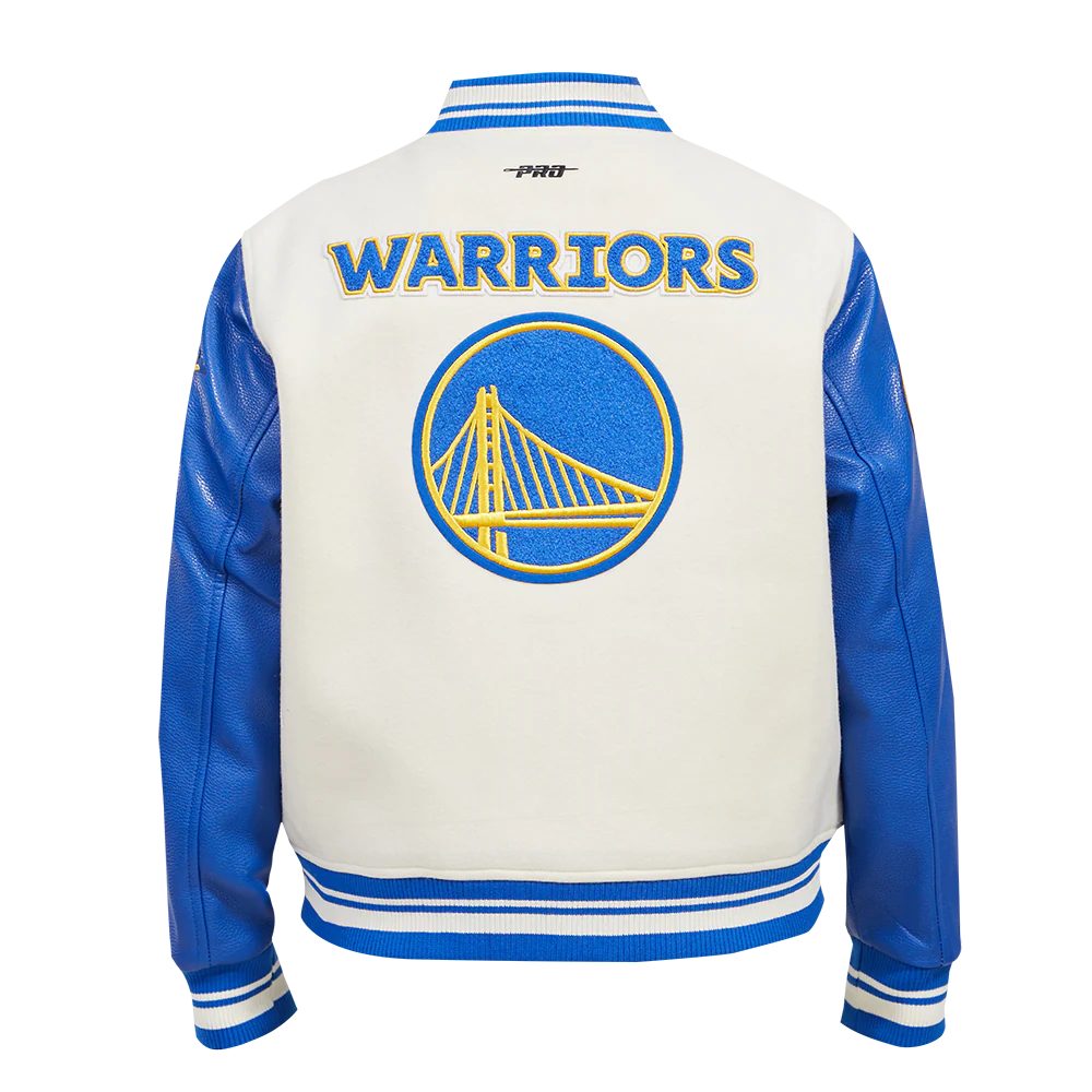 NBA GOLDEN STATE WARRIORS RETRO CLASSIC WOMEN'S RIB WOOL VARSITY JACKET (EGGSHELL/ ROYAL BLUE) - Image 4