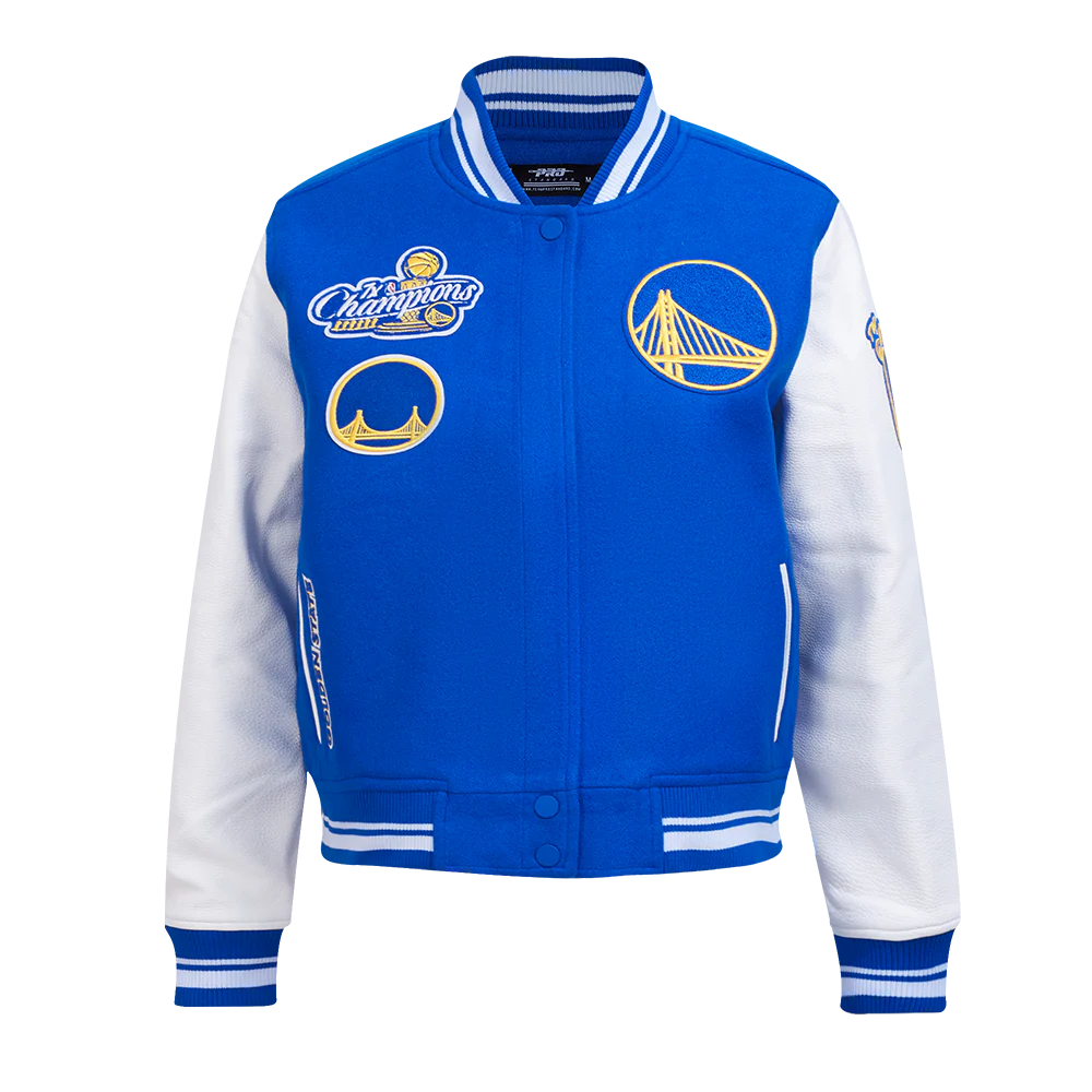 NBA GOLDEN STATE WARRIORS RETRO CLASSIC WOMEN'S RIB WOOL VARSITY JACKET (ROYAL BLUE/WHITE)
