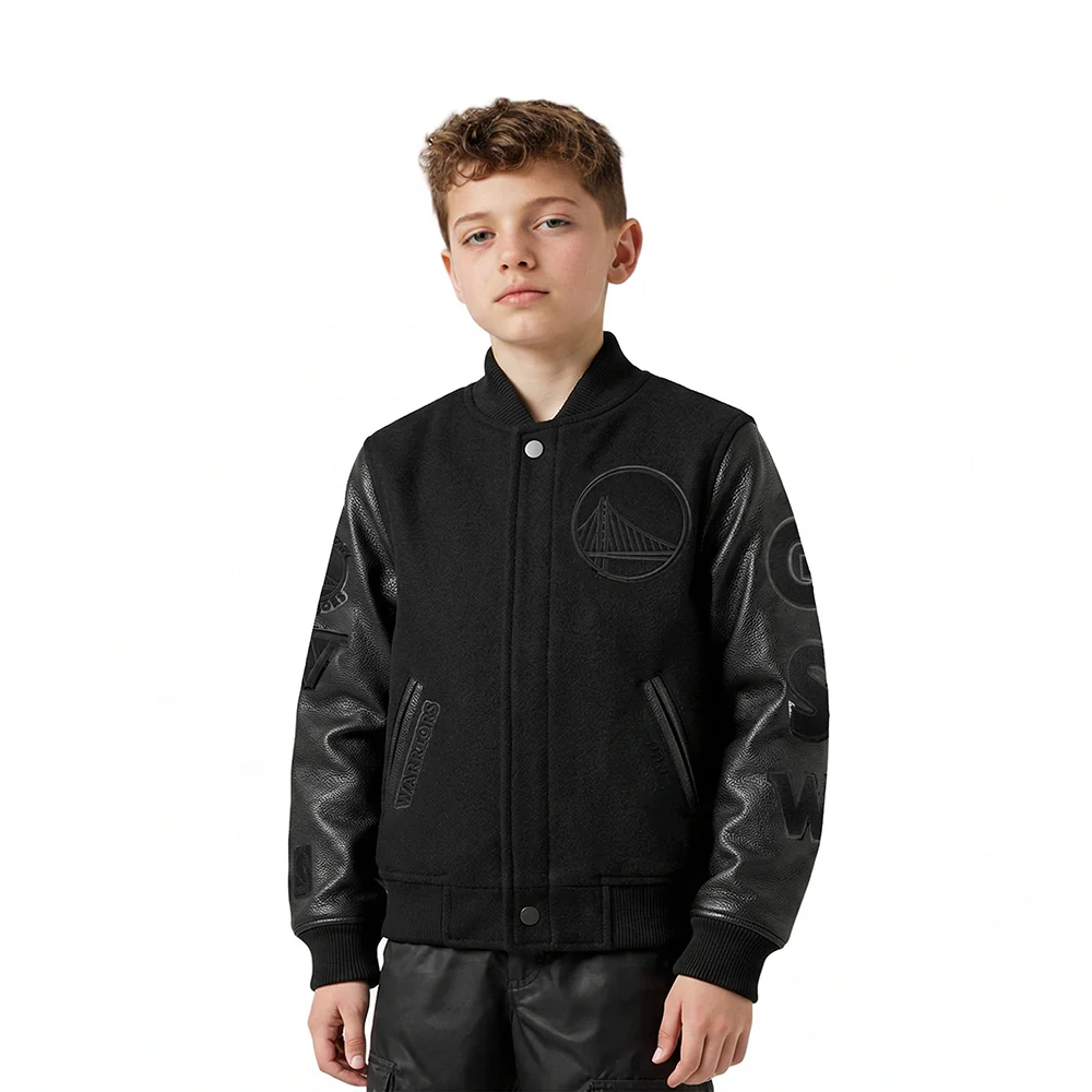 NBA GOLDEN STATE WARRIORS TRIPLE BLACK LITTLE BOYS WOOL VARSITY JACKET (JET BLACK)