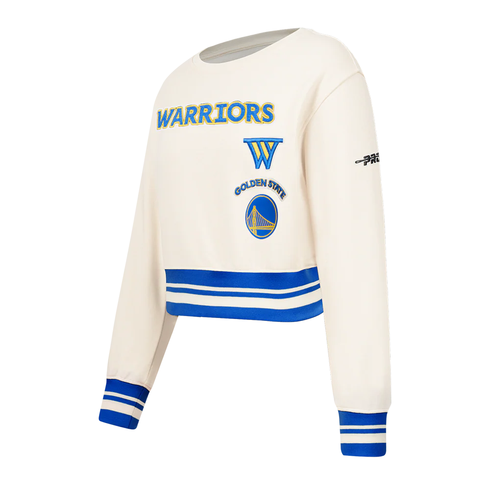 NBA GOLDEN STATE WARRIORS RETRO CLASSIC LITTLE GIRLS RIB FLEECE CREWNECK (EGGSHELL/ROYAL BLUE) - Image 2