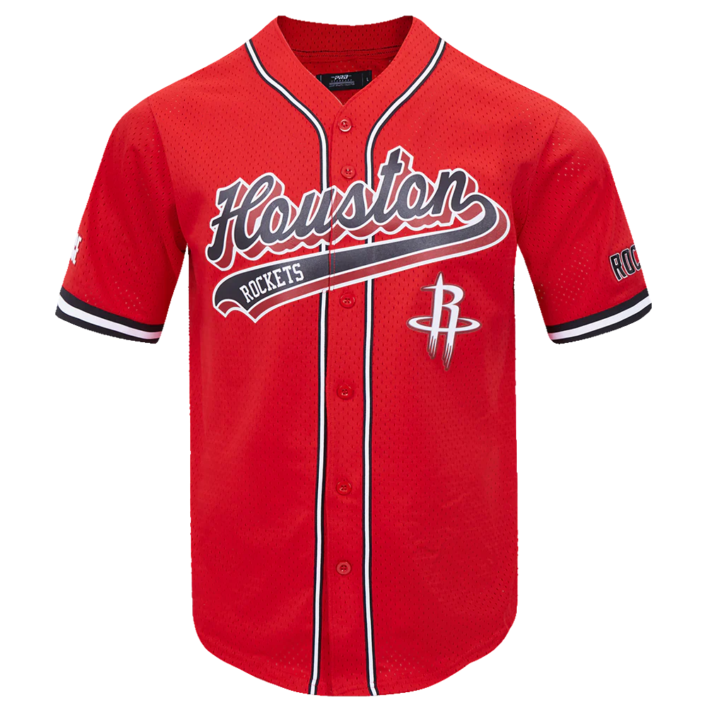 NBA HOUSTON ROCKETS SCRIPT TAIL MEN'S MESH BUTTON DOWN SHIRT (RED/BLACK)