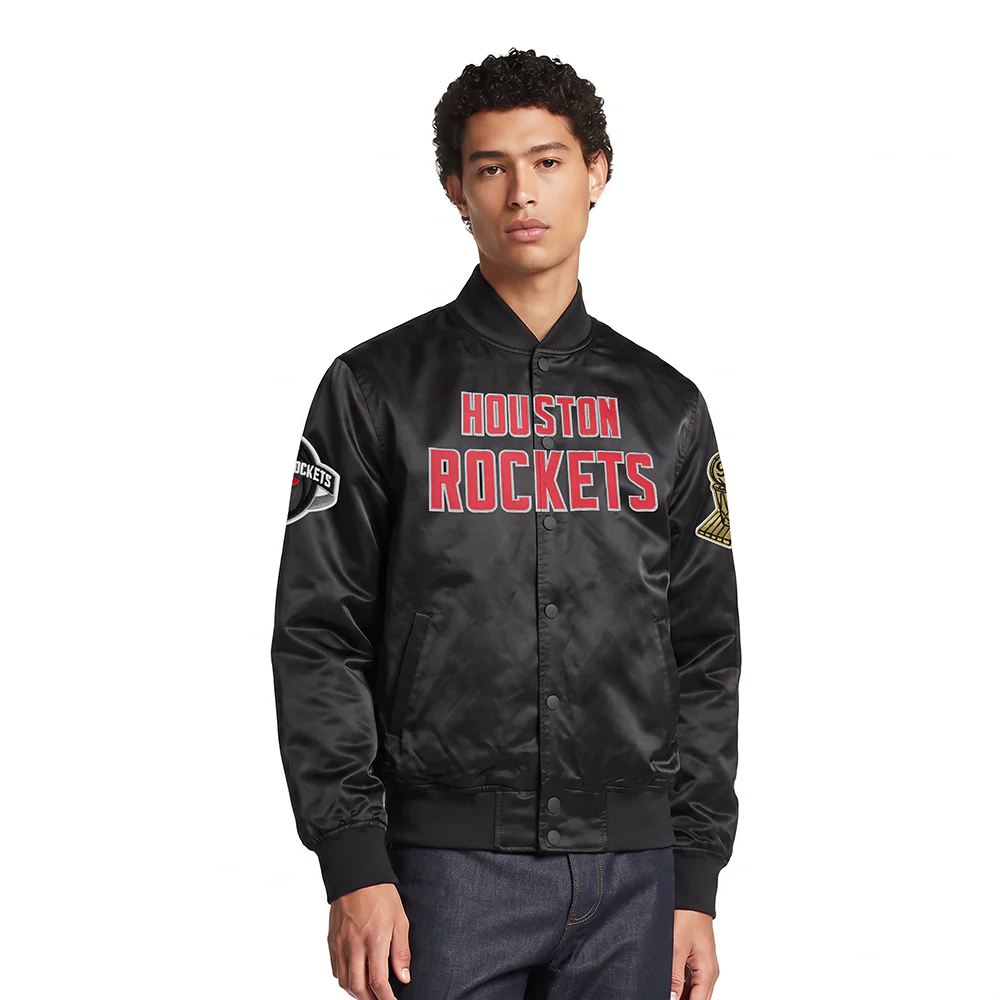 NBA HOUSTON ROCKETS BIG LOGO MEN'S SATIN JACKET (BLACK)