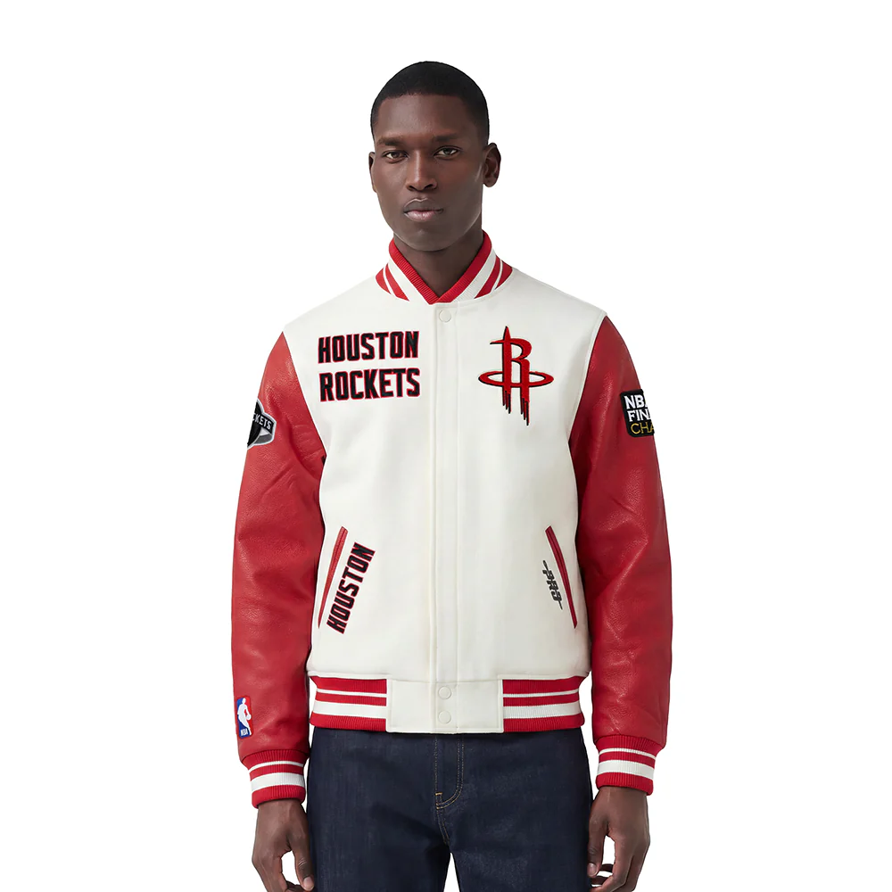 NBA HOUSTON ROCKETS RETRO CLASSIC MEN'S RIB WOOL VARSITY JACKET (EGGSHELL/ RED)