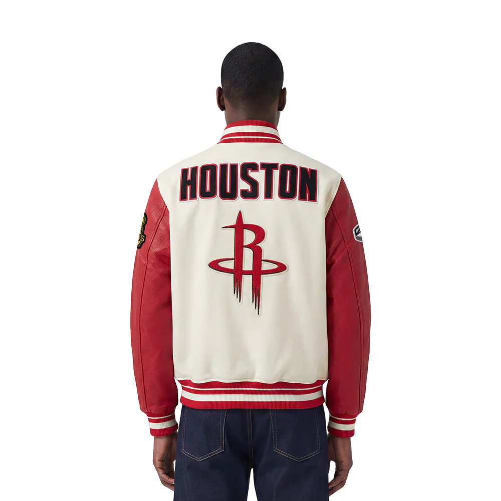 NBA HOUSTON ROCKETS RETRO CLASSIC MEN'S RIB WOOL VARSITY JACKET (EGGSHELL/ RED) - Image 2