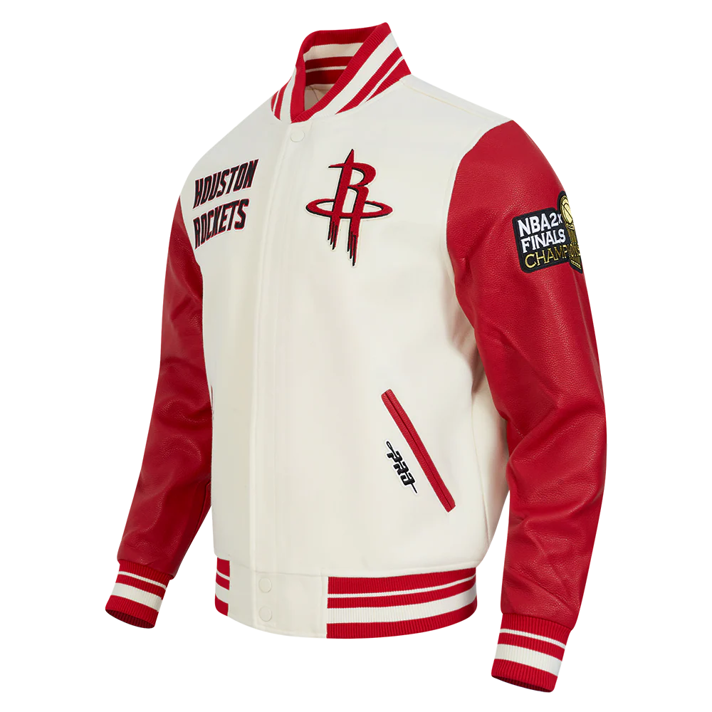 NBA HOUSTON ROCKETS RETRO CLASSIC MEN'S RIB WOOL VARSITY JACKET (EGGSHELL/ RED) - Image 4