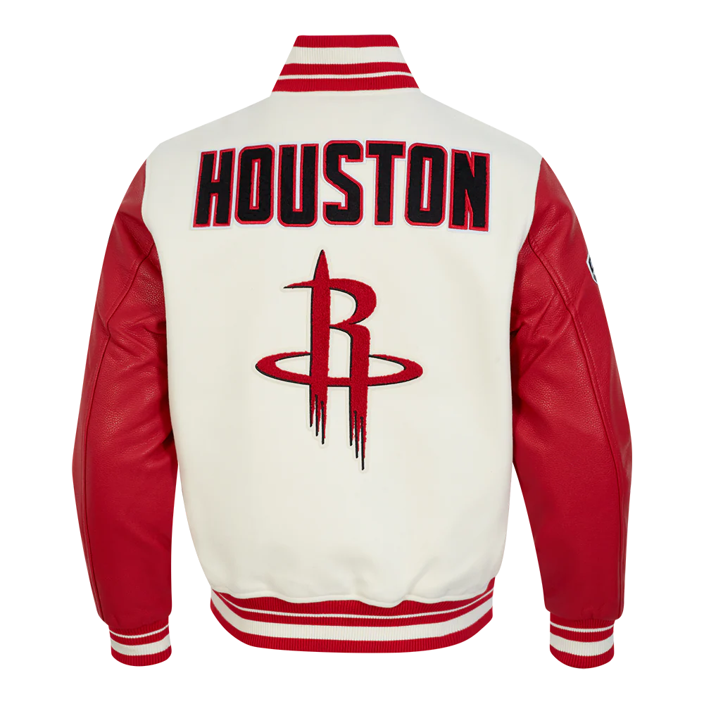 NBA HOUSTON ROCKETS RETRO CLASSIC MEN'S RIB WOOL VARSITY JACKET (EGGSHELL/ RED) - Image 5