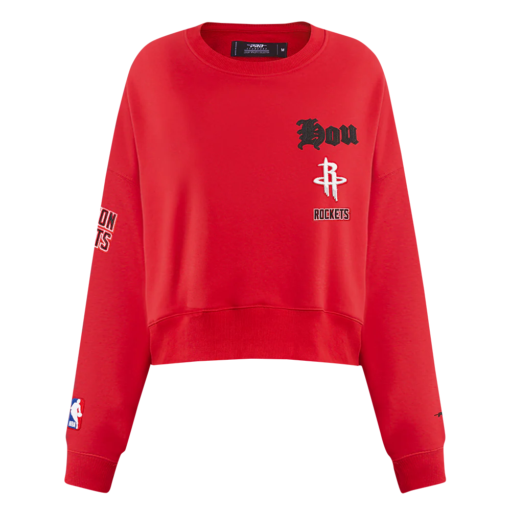 NBA HOUSTON ROCKETS OLD ENGLISH WOMEN'S FLC CREWNECK (RED) - Image 3