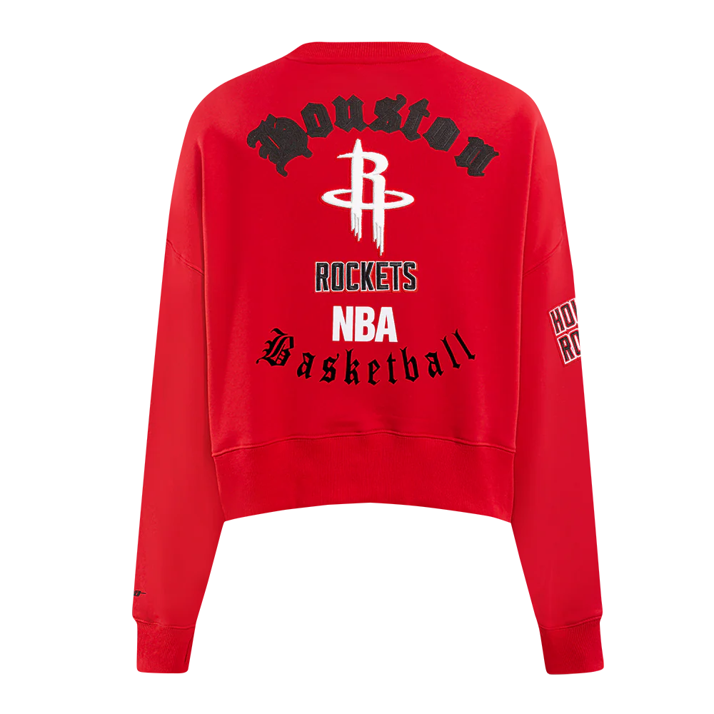 NBA HOUSTON ROCKETS OLD ENGLISH WOMEN'S FLC CREWNECK (RED) - Image 5