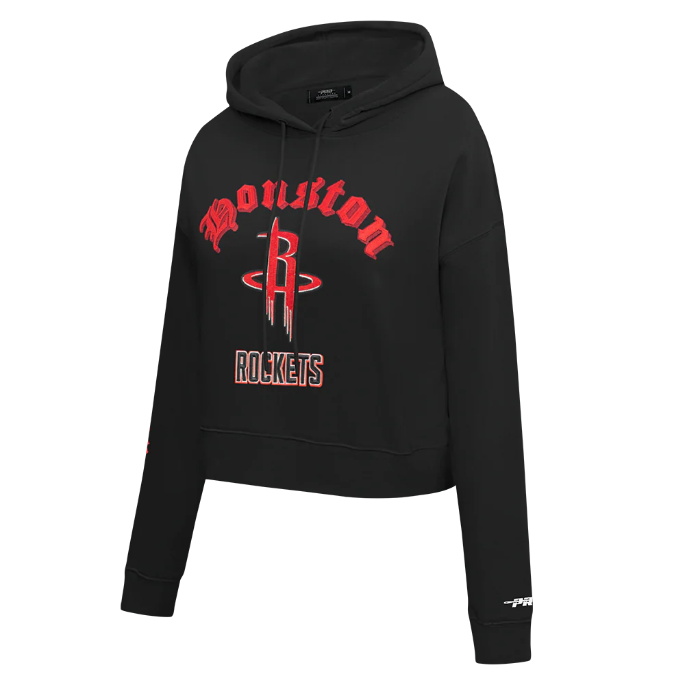 NBA HOUSTON ROCKETS OLD ENGLISH WOMEN'S FLC CROPPED PO HOODIE (BLACK) - Image 2