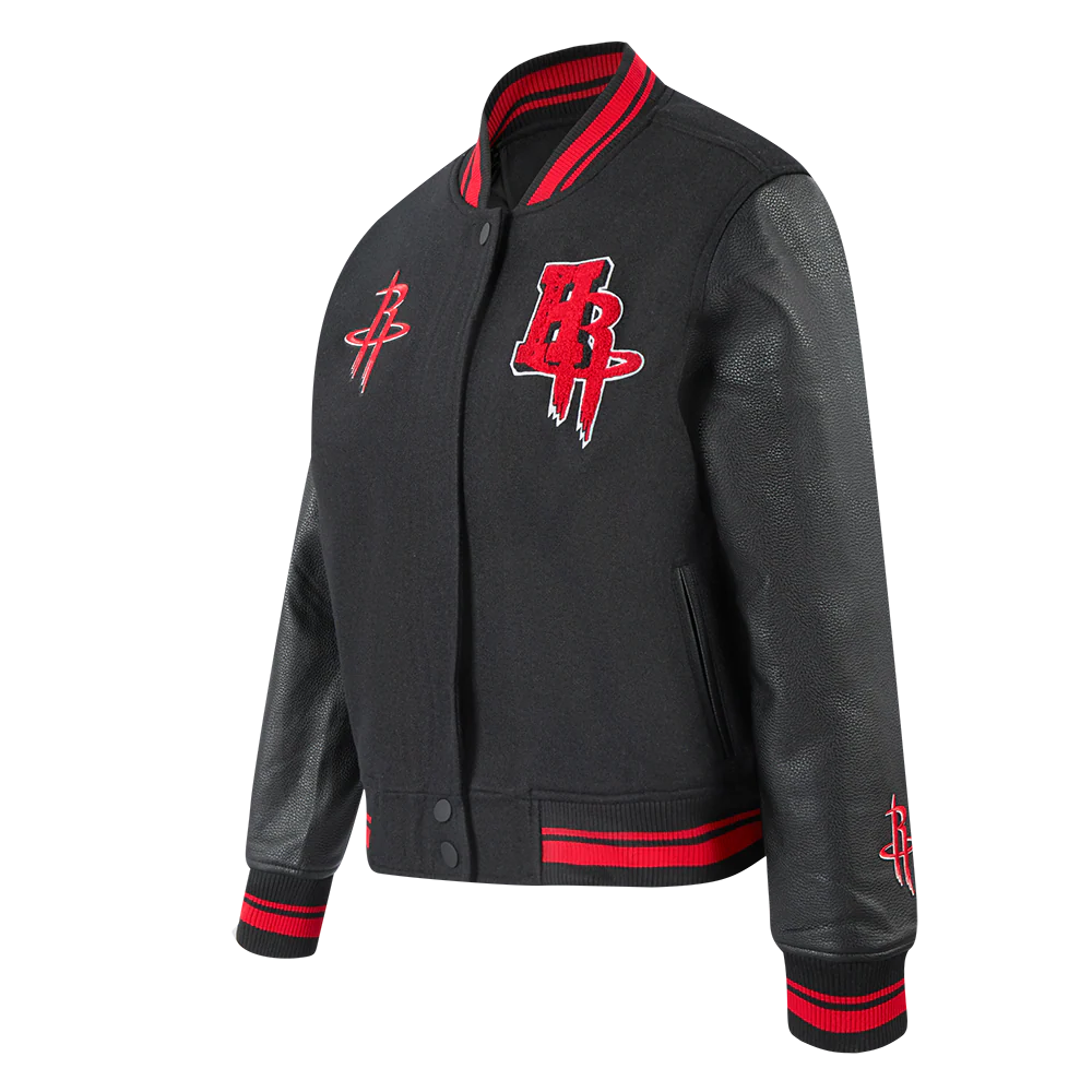 NBA HOUSTON ROCKETS MASHUP WOMEN'S RIB WOOL VARSITY JACKET (BLACK/RED/BLACK) - Image 2