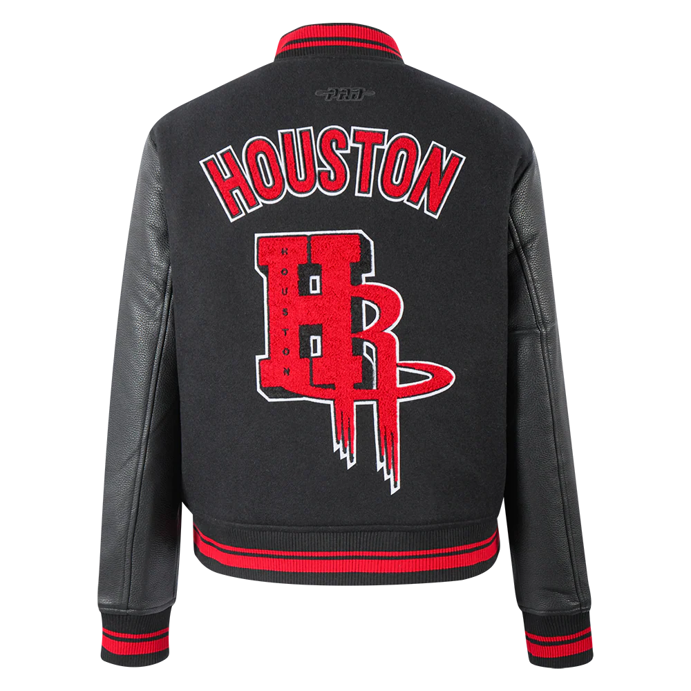 NBA HOUSTON ROCKETS MASHUP WOMEN'S RIB WOOL VARSITY JACKET (BLACK/RED/BLACK) - Image 3