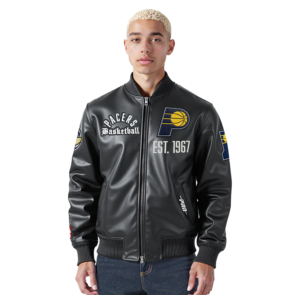 NBA INDIANA PACERS MODERN ORIGINALS MEN'S LEATHER VARSITY JACKET (JET BLACK)