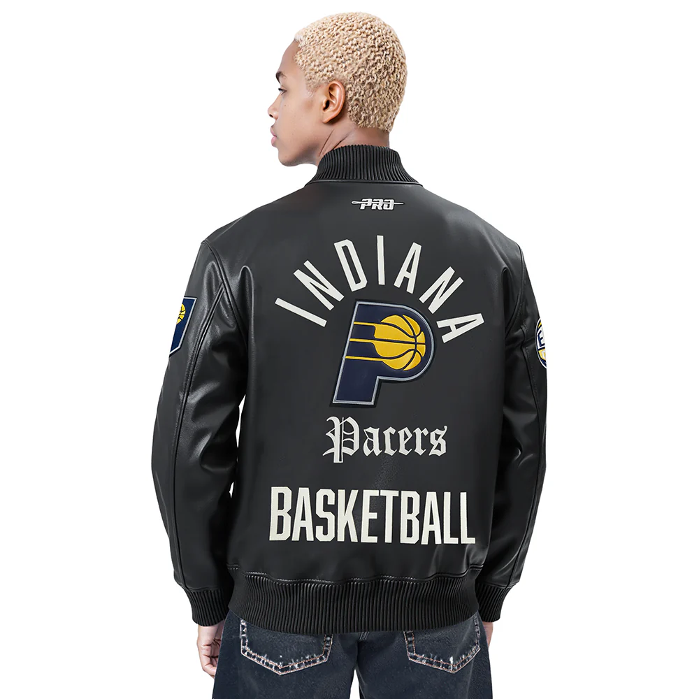 NBA INDIANA PACERS MODERN ORIGINALS MEN'S LEATHER VARSITY JACKET (JET BLACK) - Image 2