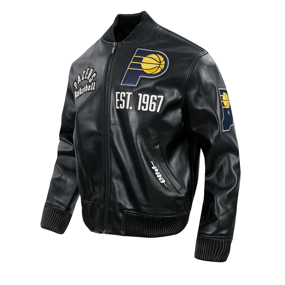 NBA INDIANA PACERS MODERN ORIGINALS MEN'S LEATHER VARSITY JACKET (JET BLACK) - Image 3