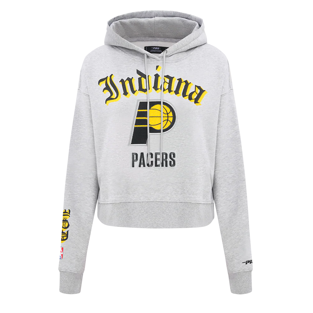 NBA INDIANA PACERS OLD ENGLISH WOMEN'S FLC CROPPED PO HOODIE (HEATHER GREY) - Image 3