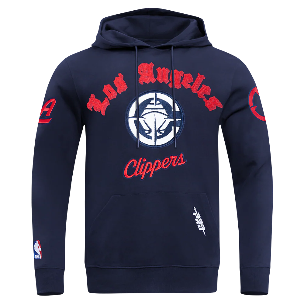 NBA LOS ANGELES CLIPPERS OLD ENGLISH MEN'S PULL OVER HOODIE (MIDNIGHT NAVY)